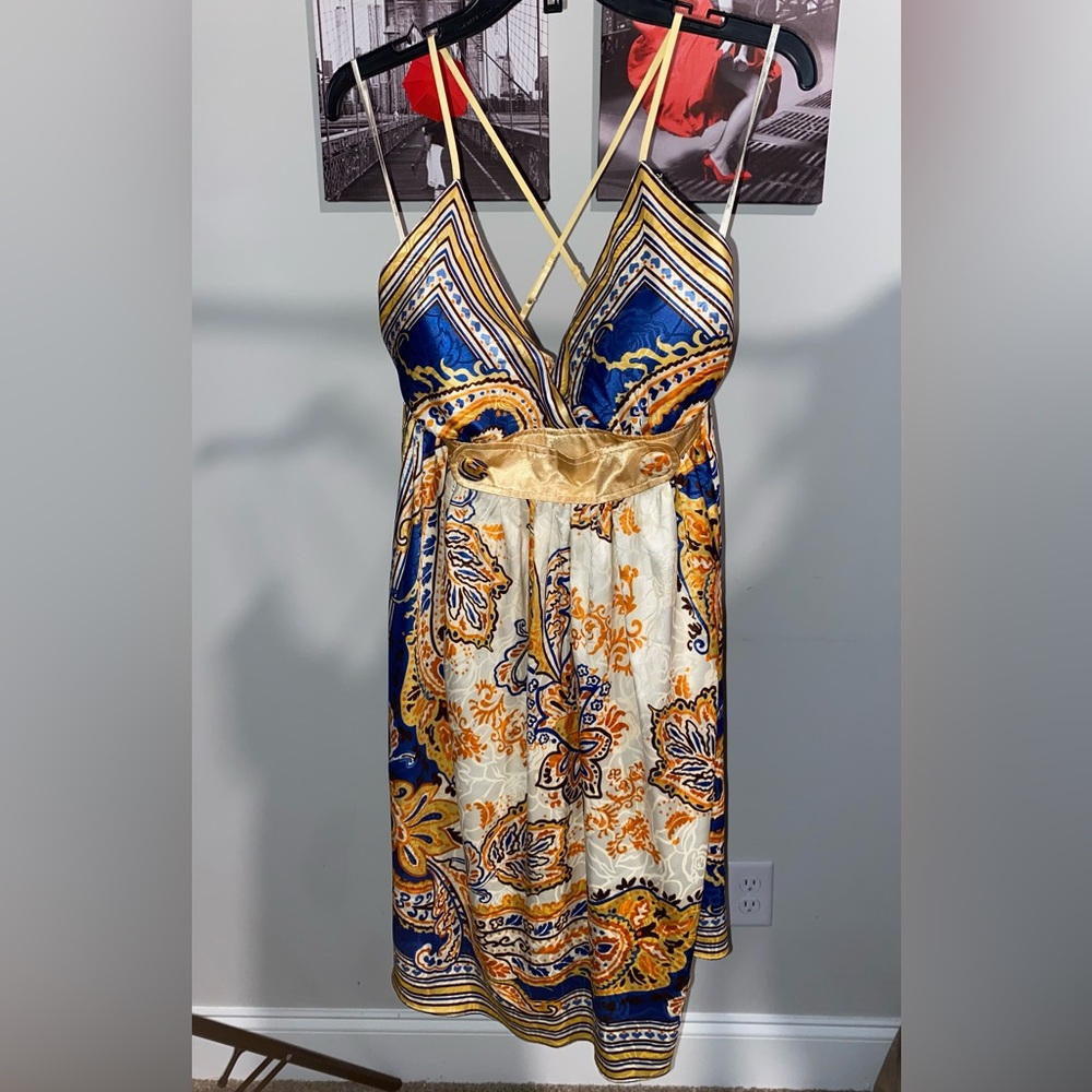 Miss Me Strapless Blue and Gold Dress